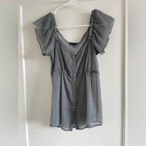 Grey polka dot short sleeve button up blouse